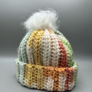 Colorful Striped Knit Beanie with Pom-Pom